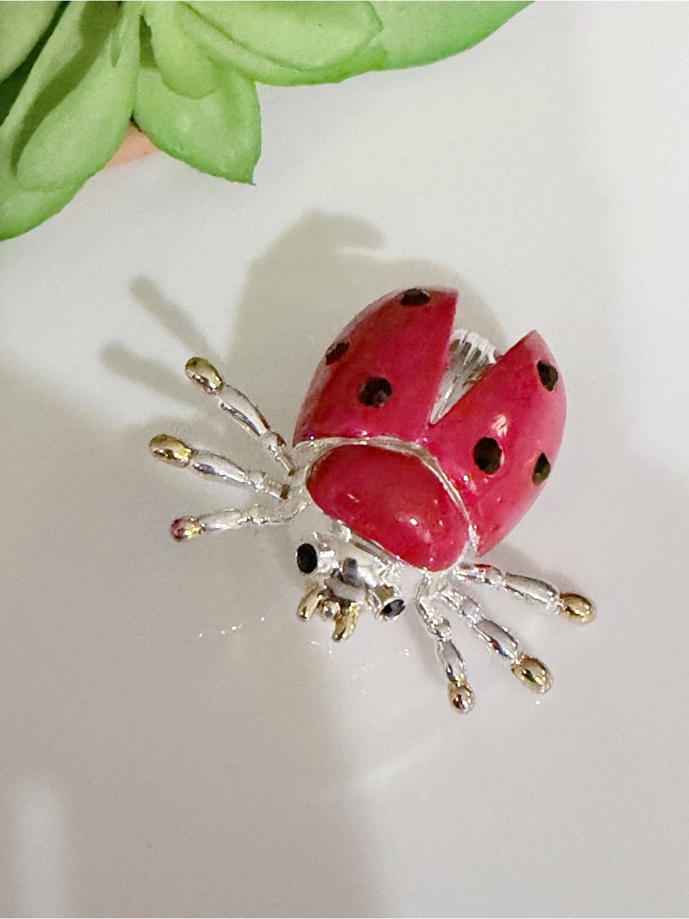 Vintage BEST Red Enamel Ladybug Brooch Pin - Silver & Gold Tone